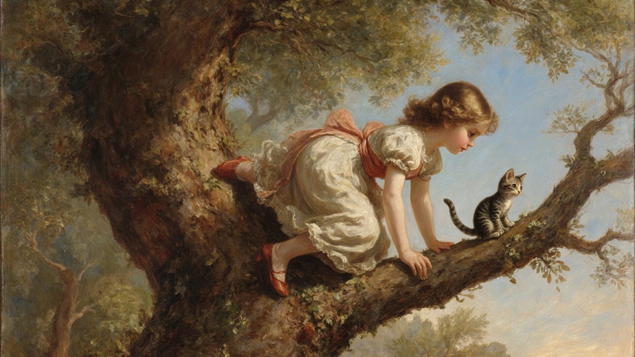 Young girl in white dress explores tree branch with cat