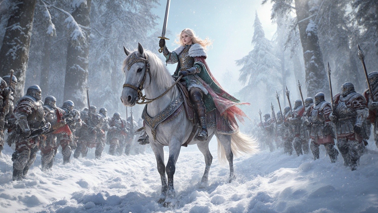 Heroic Figure on White Horse in Snowy Forest