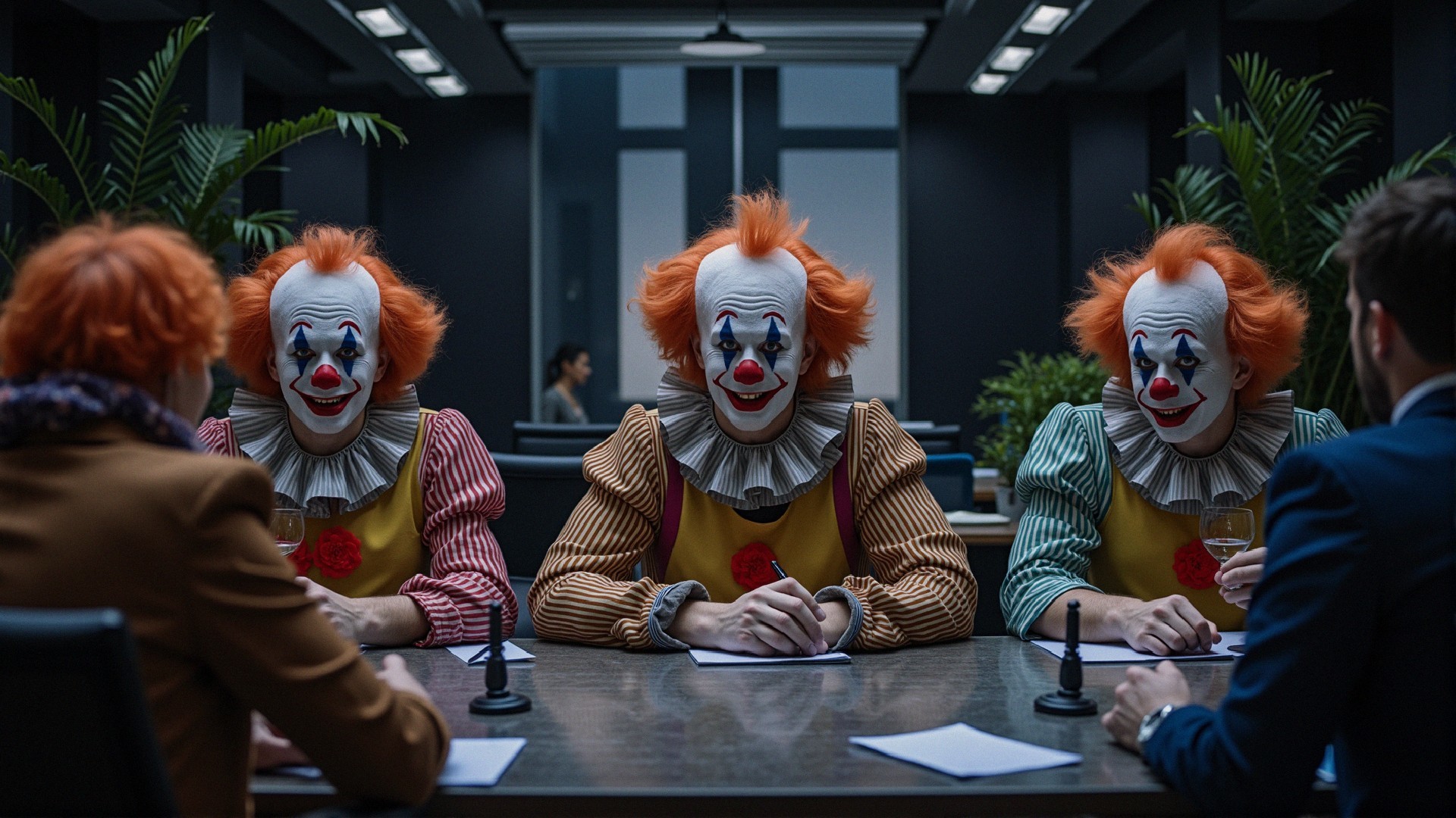 Clowns in Colorful Costumes in Modern Conference Room