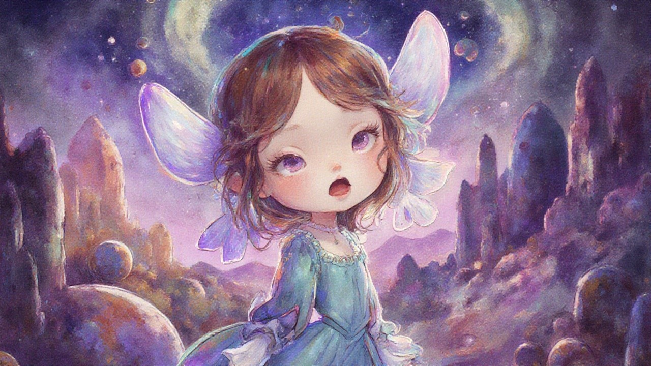 Whimsical Fairy Girl in Cosmic Dream Landscape