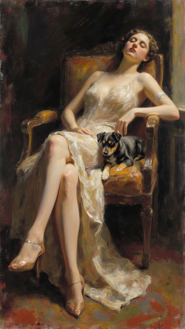 Relaxed Woman in Sheer Gown with Black Dog