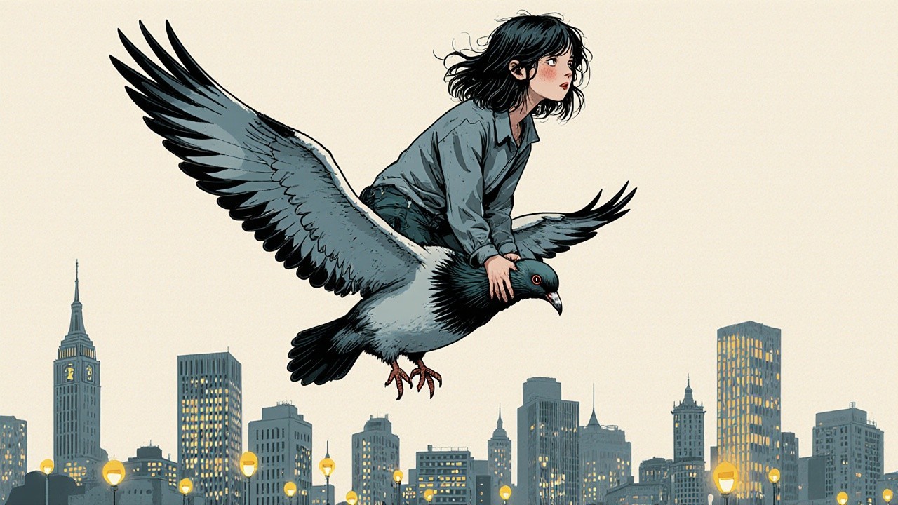 Young girl riding a pigeon over a city skyline