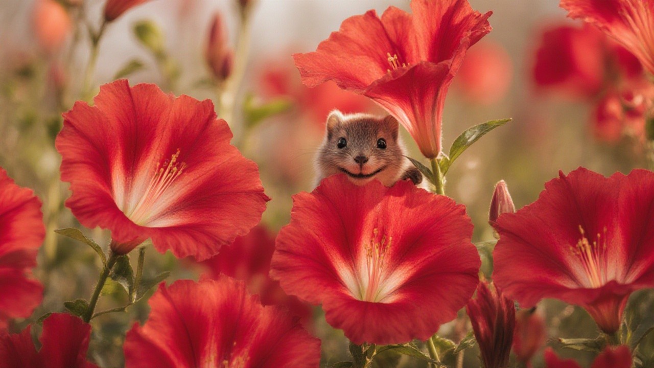 Rodent Among Vibrant Red Flowers in Natural Light