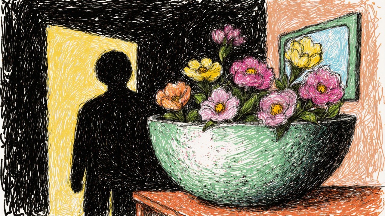 Colorful Flower Bowl on Wooden Table with Shadowy Figure
