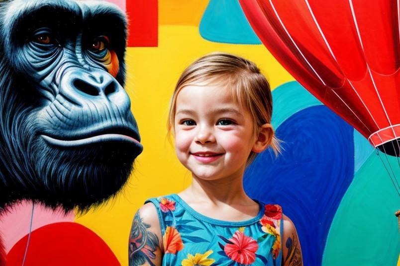 Vibrant Mural of Gorilla and Cheerful Girl with Balloon