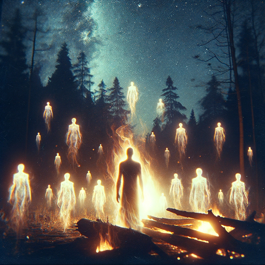 Ethereal Figures in a Mystical Forest at Night