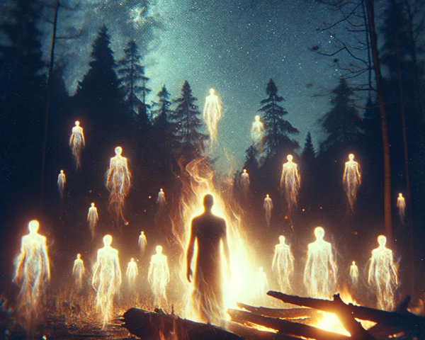 Ethereal Figures in a Mystical Forest at Night