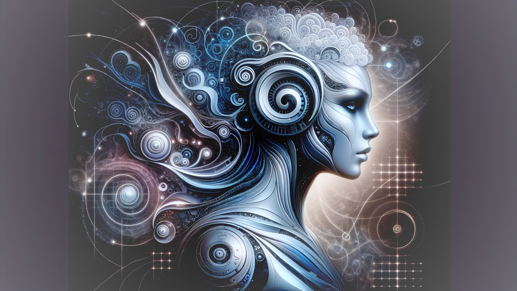 Futuristic humanoid portrait with cosmic designs