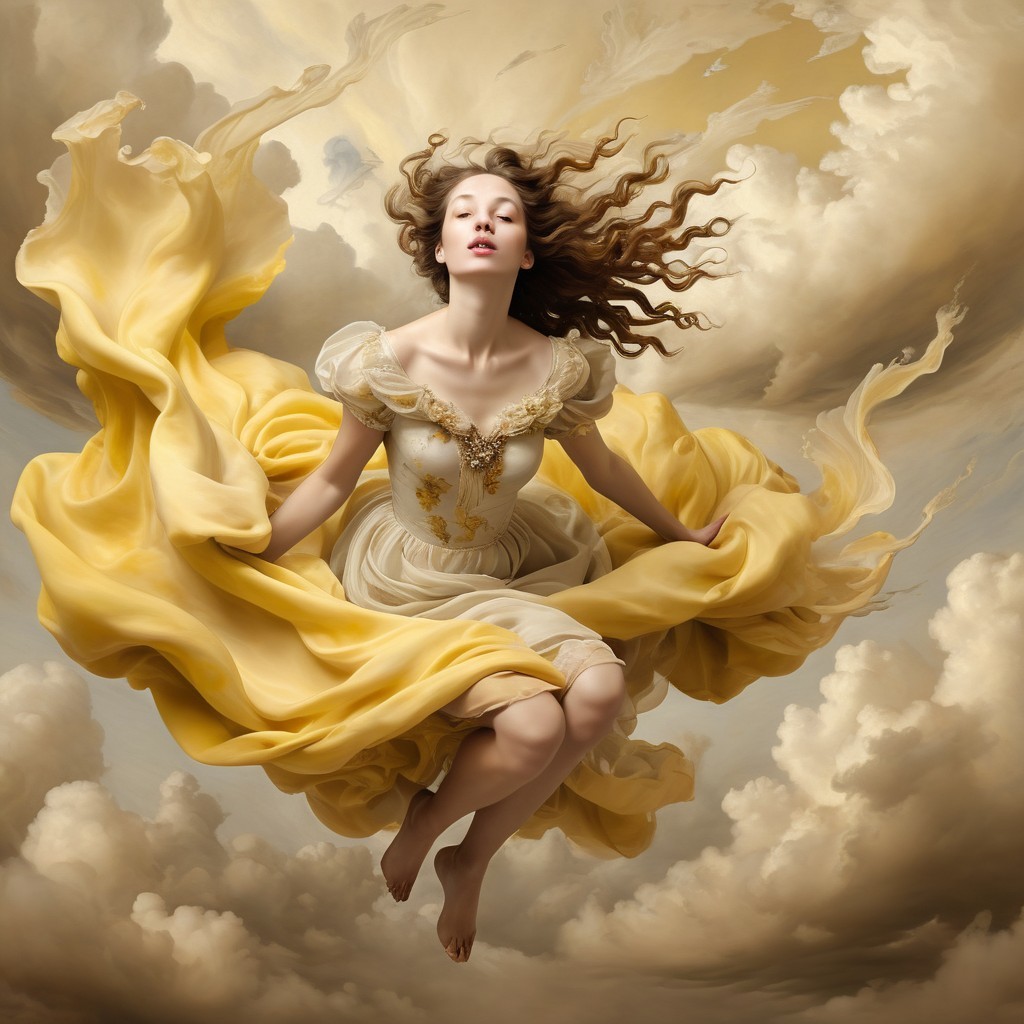 Woman in yellow gown suspended in dreamlike sky