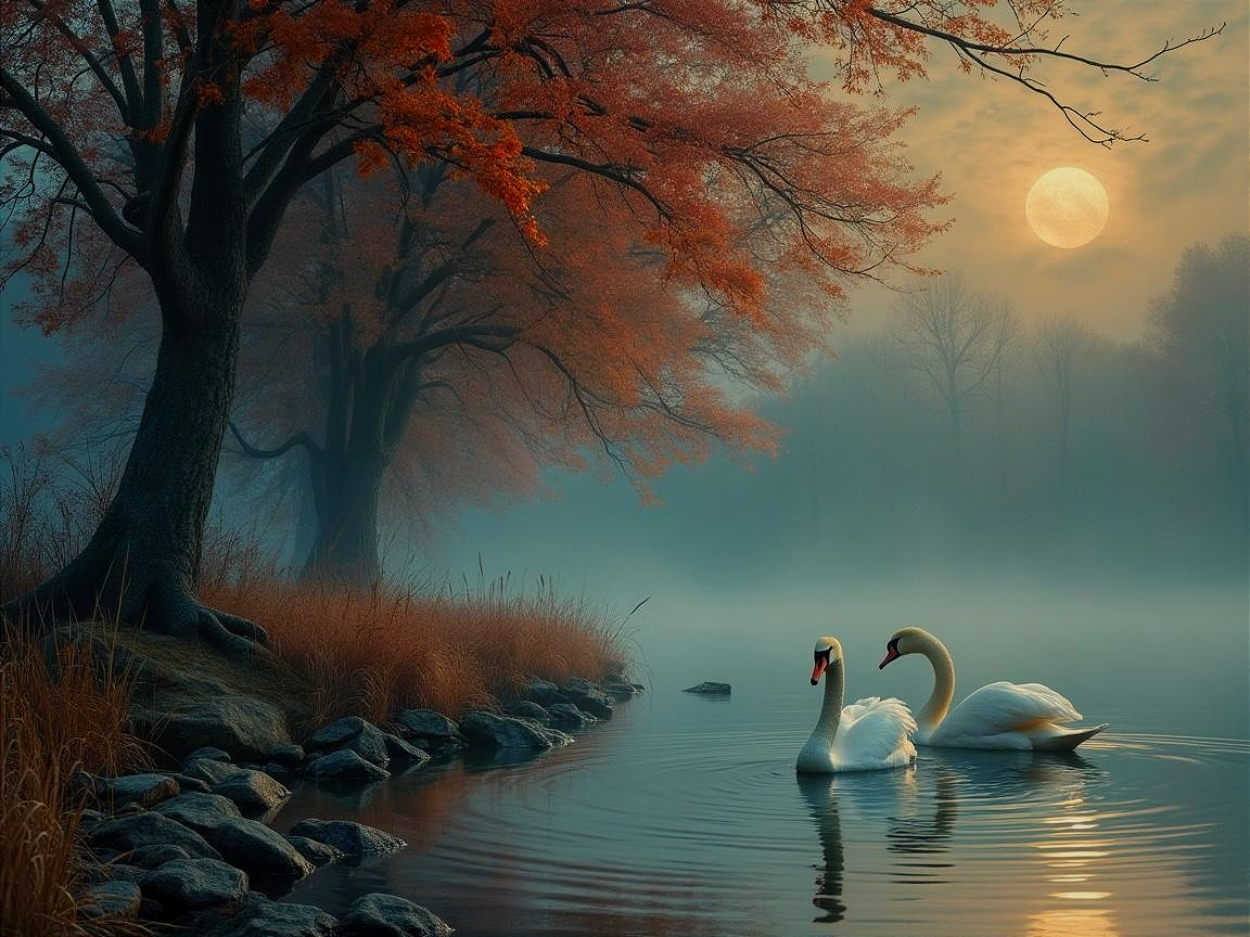 Autumn Scene with Swans on a Misty Lake