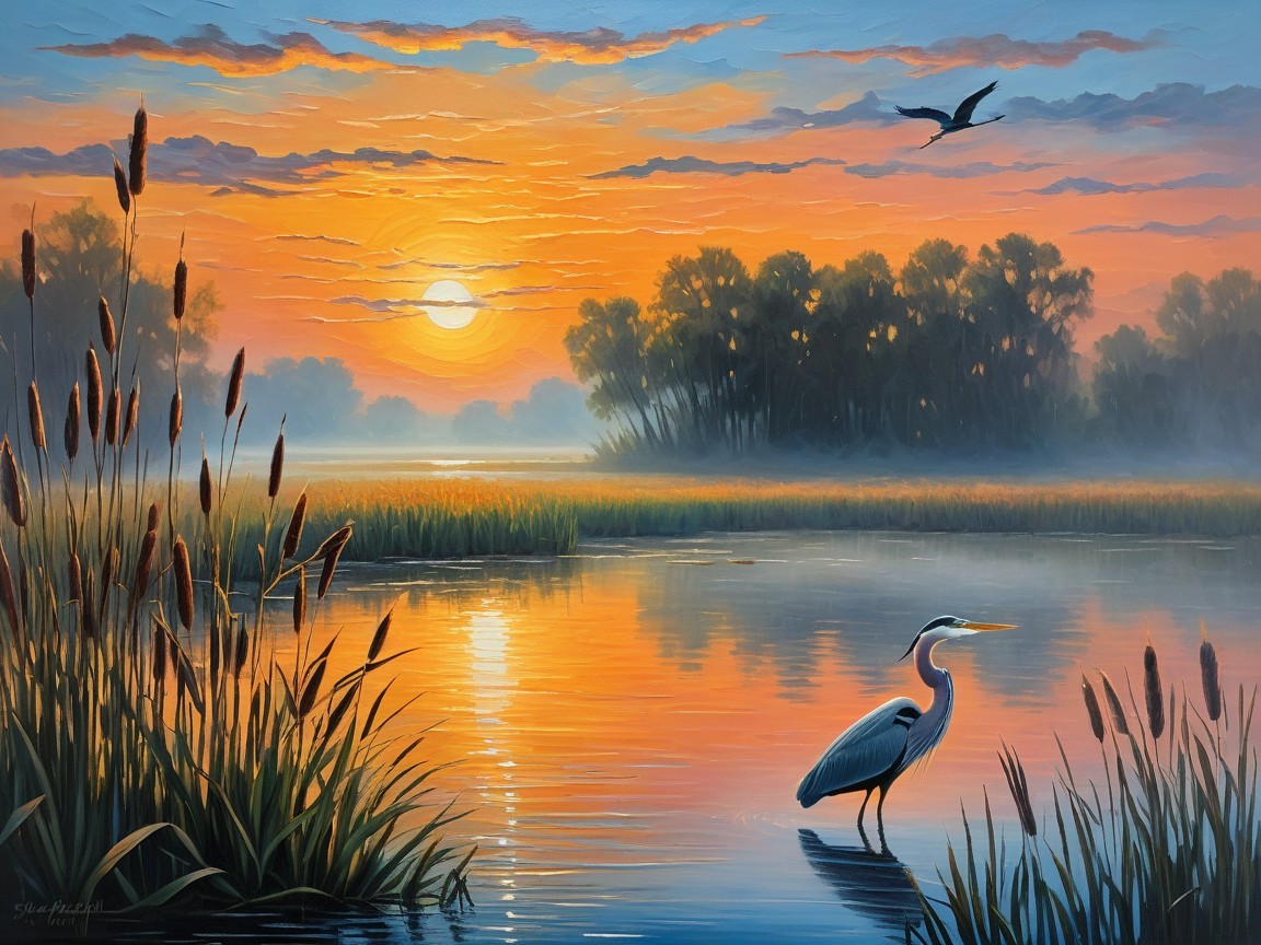 Serene Sunset Landscape with River and Heron Reflection
