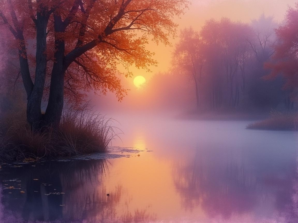 Autumn Landscape with Lake and Sunset Reflections
