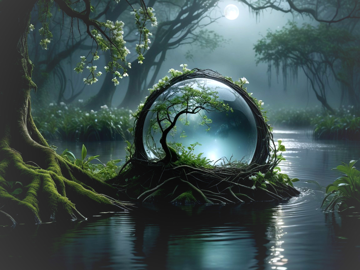 Mystical Forest Scene with Glowing Orb and Tree