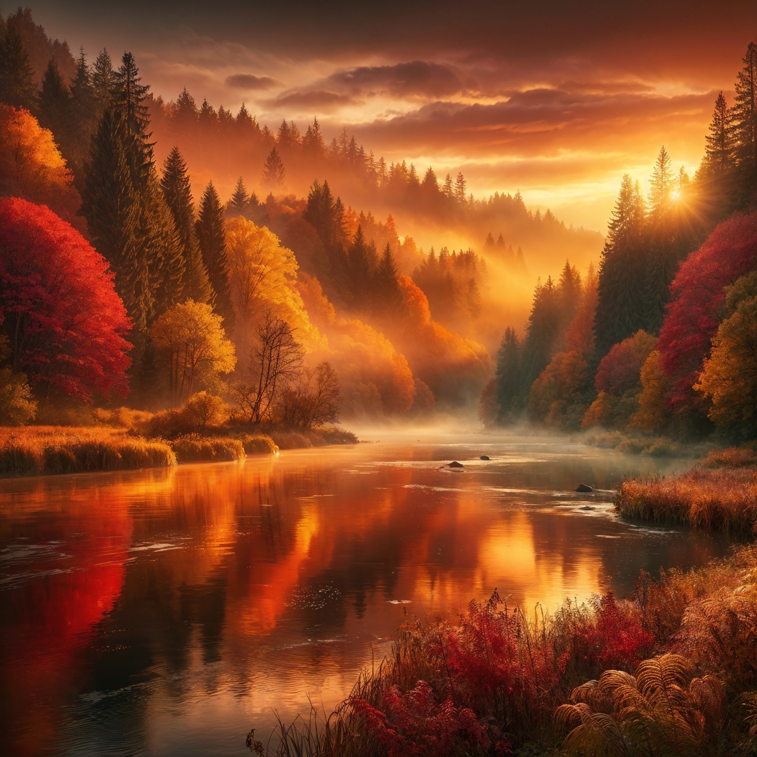 Serene Autumn Landscape with Winding River and Foliage