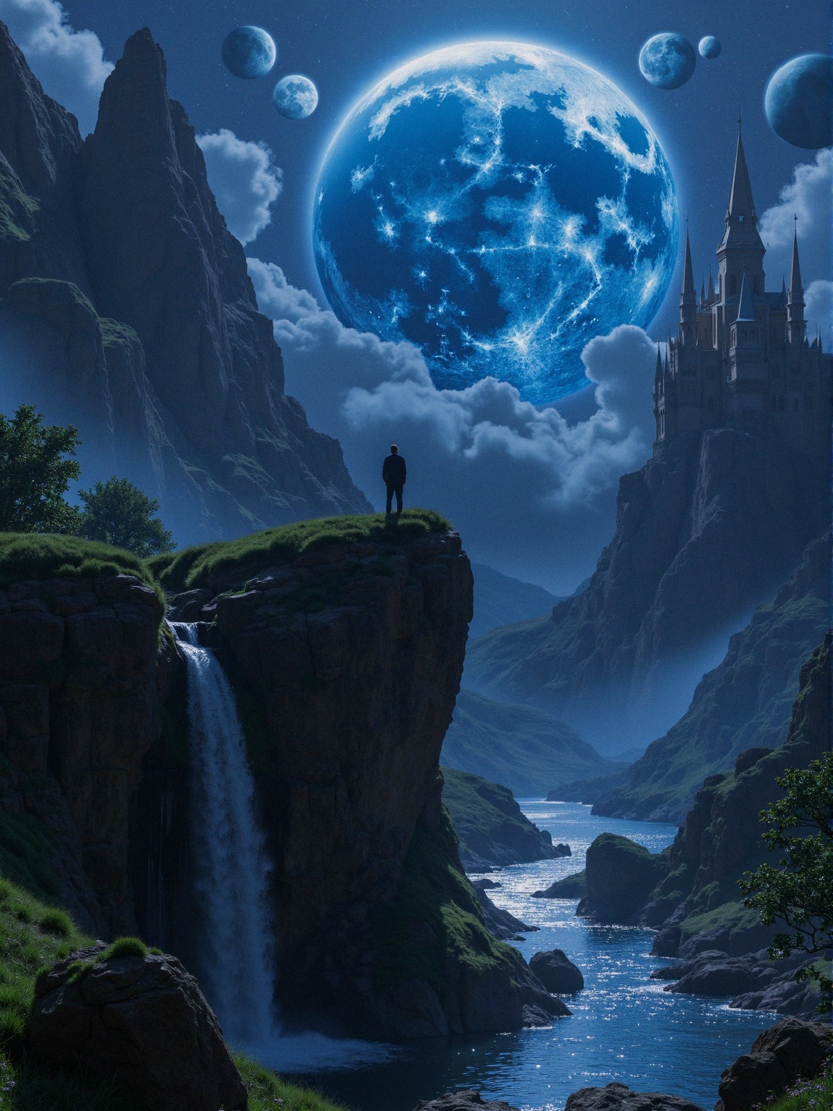 Majestic Castle in a Fantasy Landscape with Waterfall