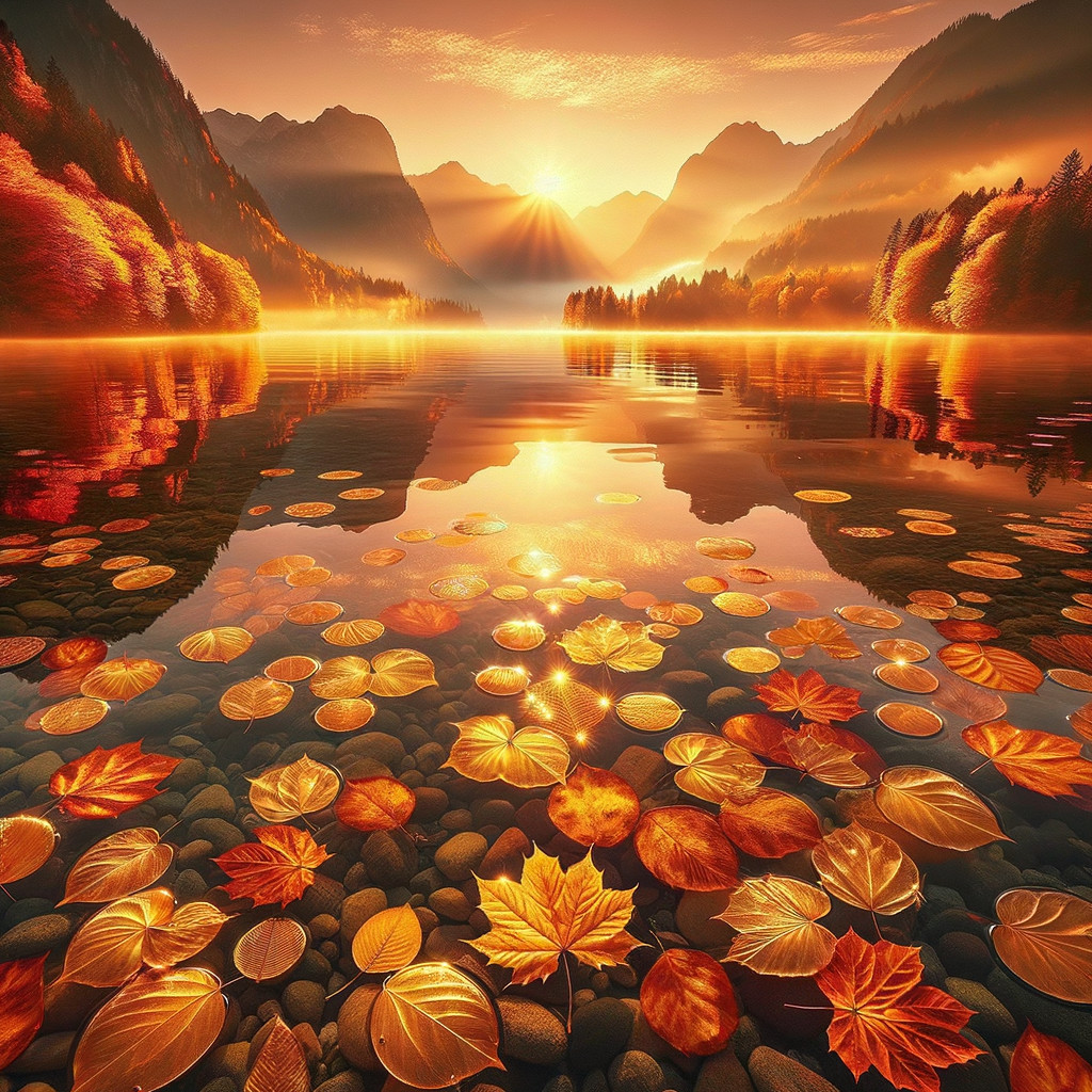 Serene Sunset Landscape with Lake and Mountains