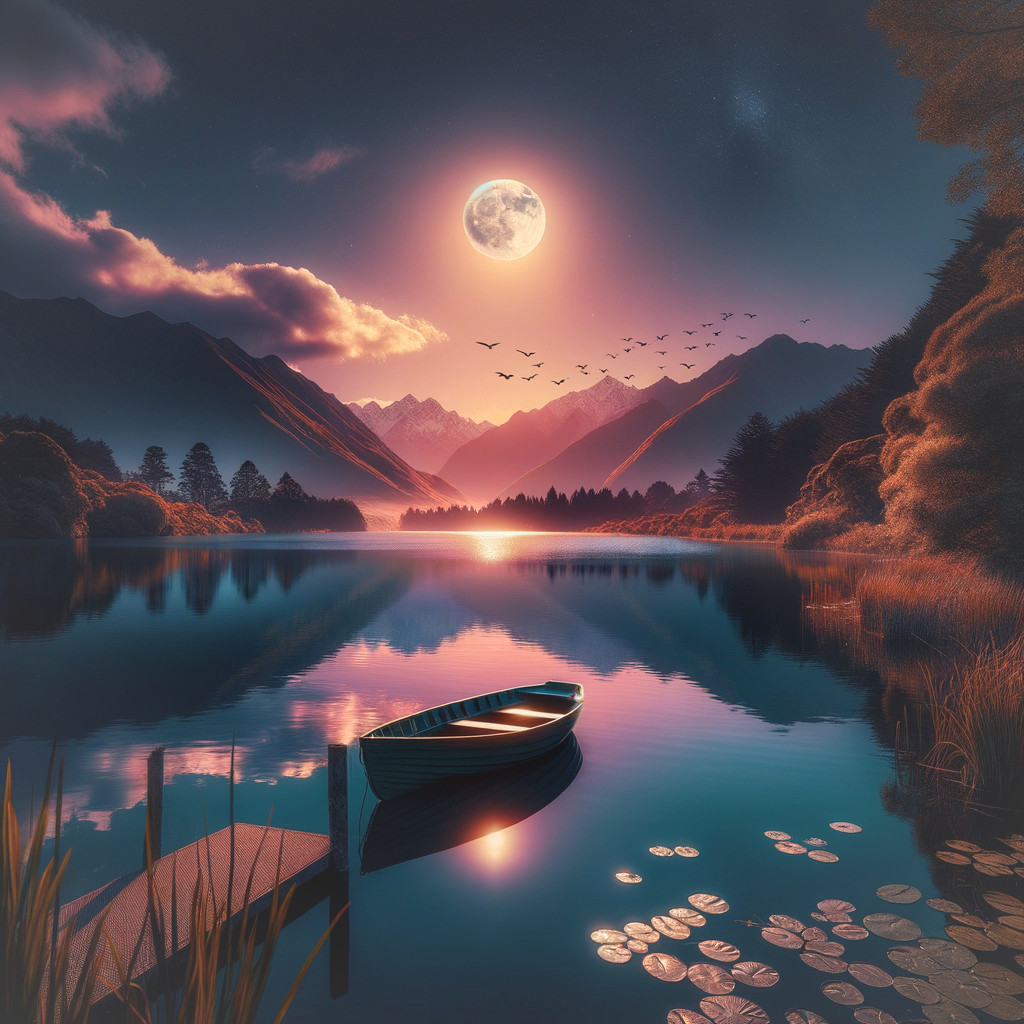 Serene Lake at Sunset with Boat and Mountains
