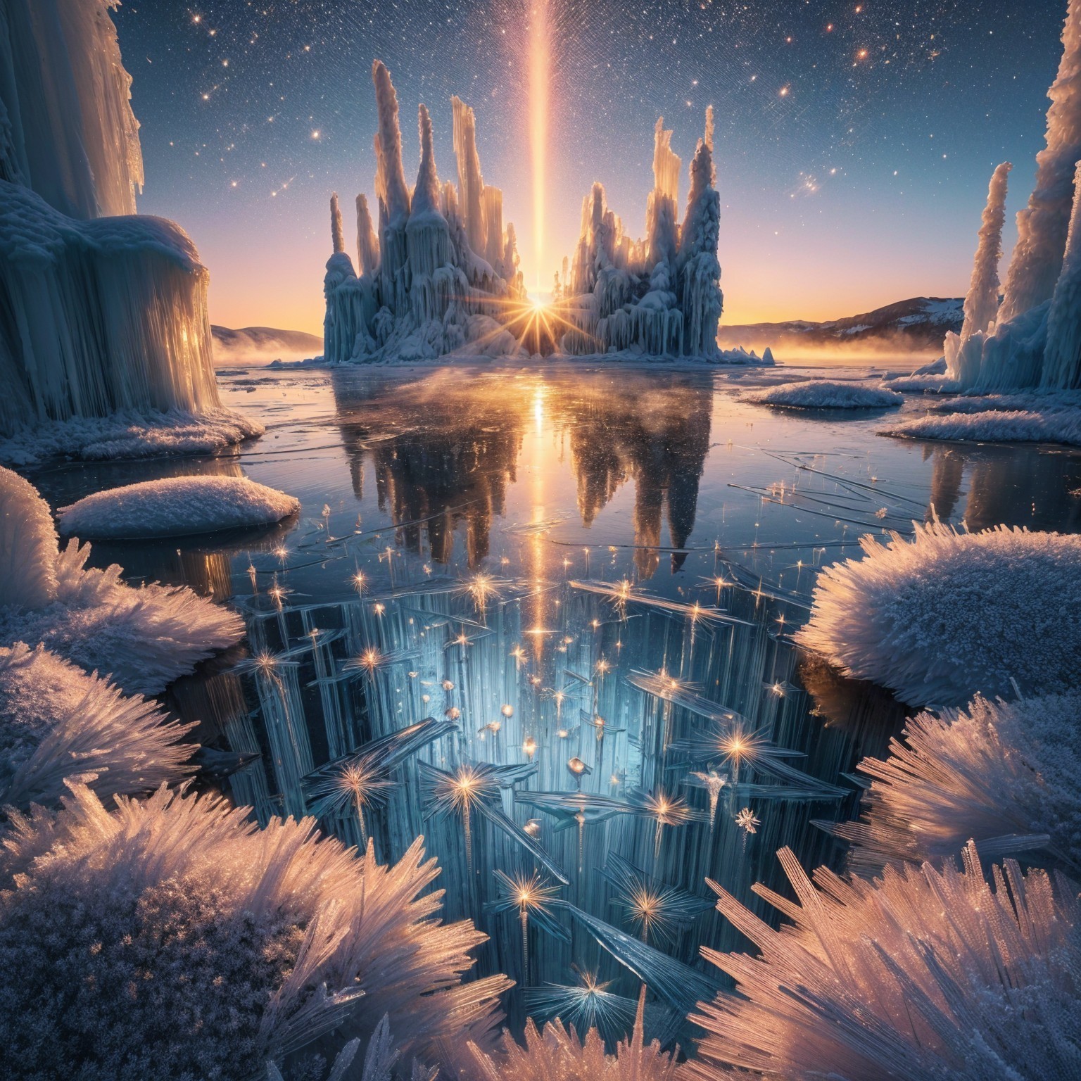 Winter Landscape with Ice Formations and Sunlight