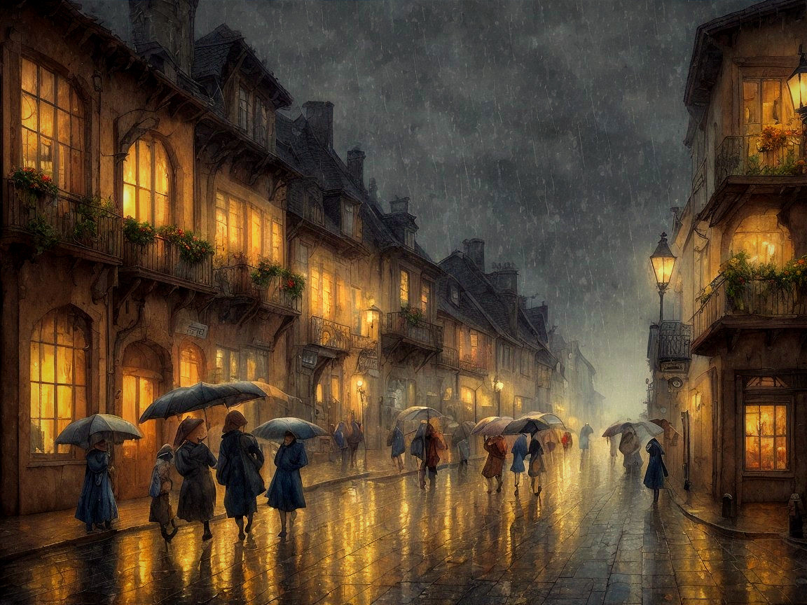 Scenic Oil Painting of a Rainy European Town at Night