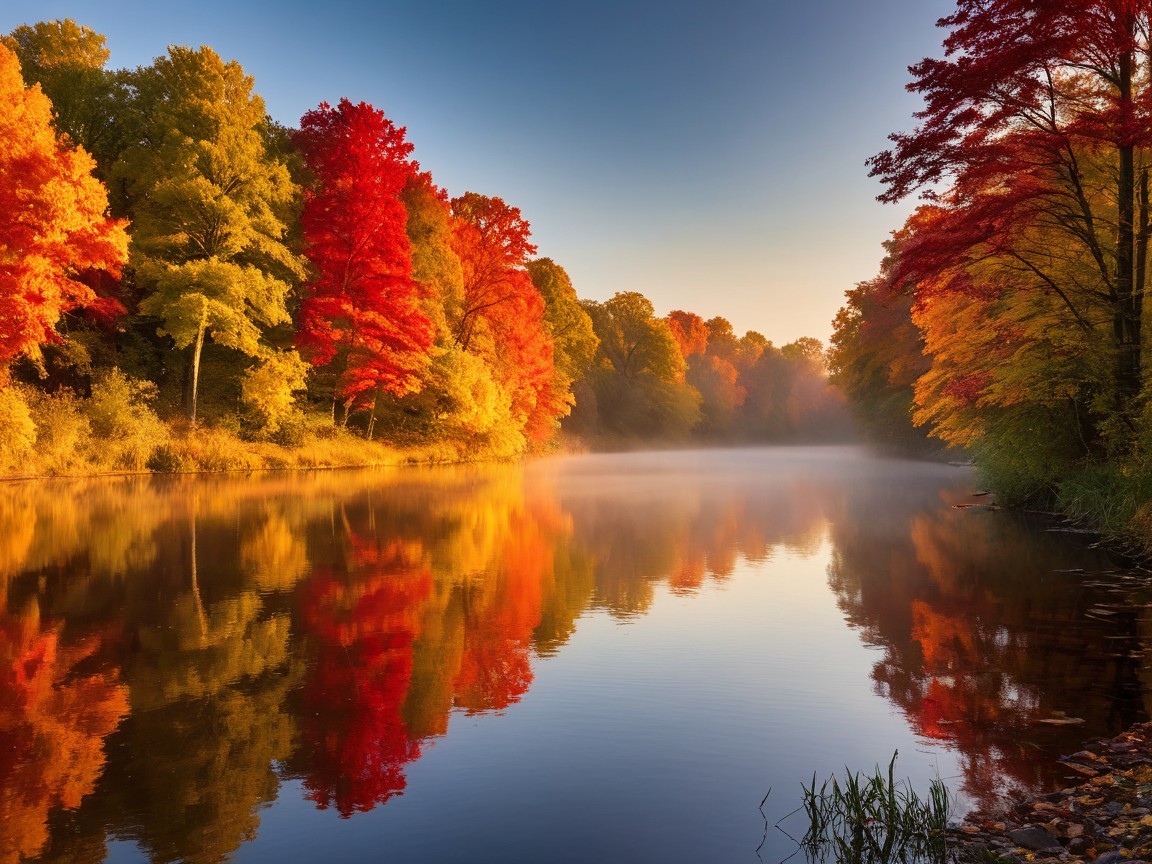 Autumn River Landscape with Vibrant Foliage Reflection