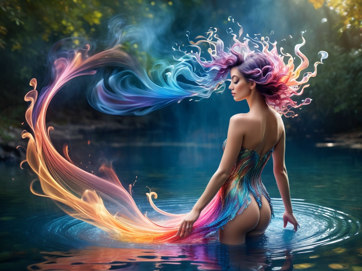 Vibrant Figure in Tranquil Waters with Colorful Hair