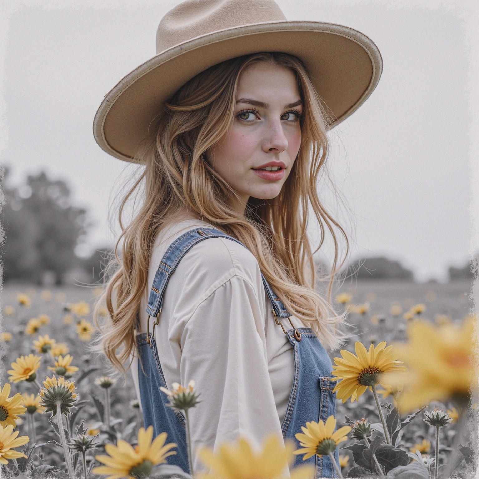 Young woman in sunflowers with overcast sky