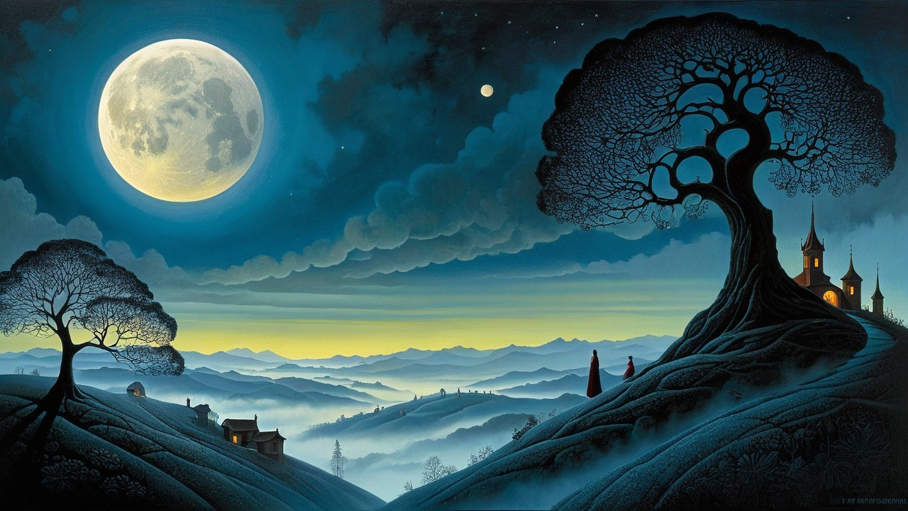 Twilight Landscape with Ornate Tree and Village