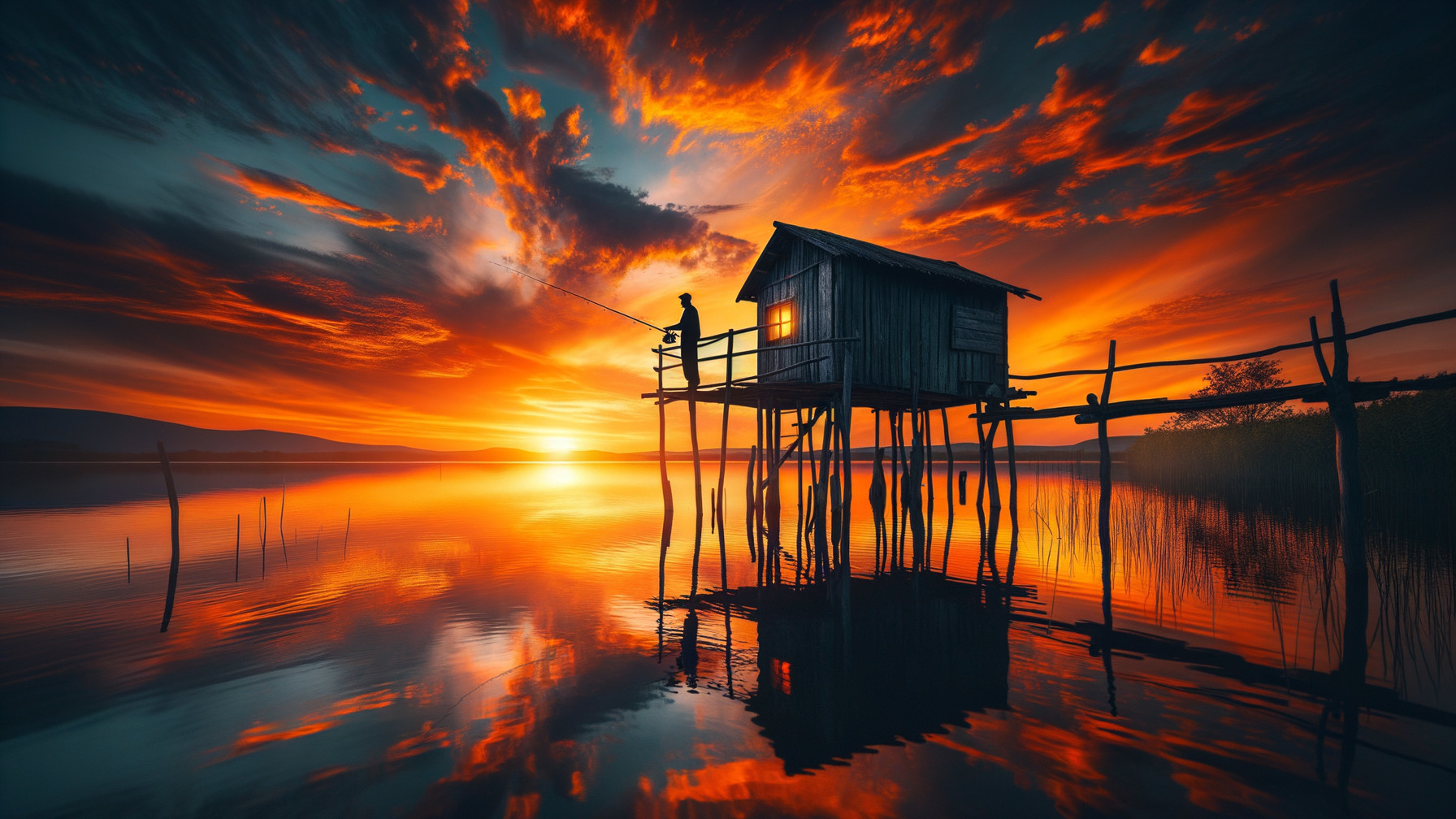 Serene Lakeside Evening with Sunset and Fishing Hut