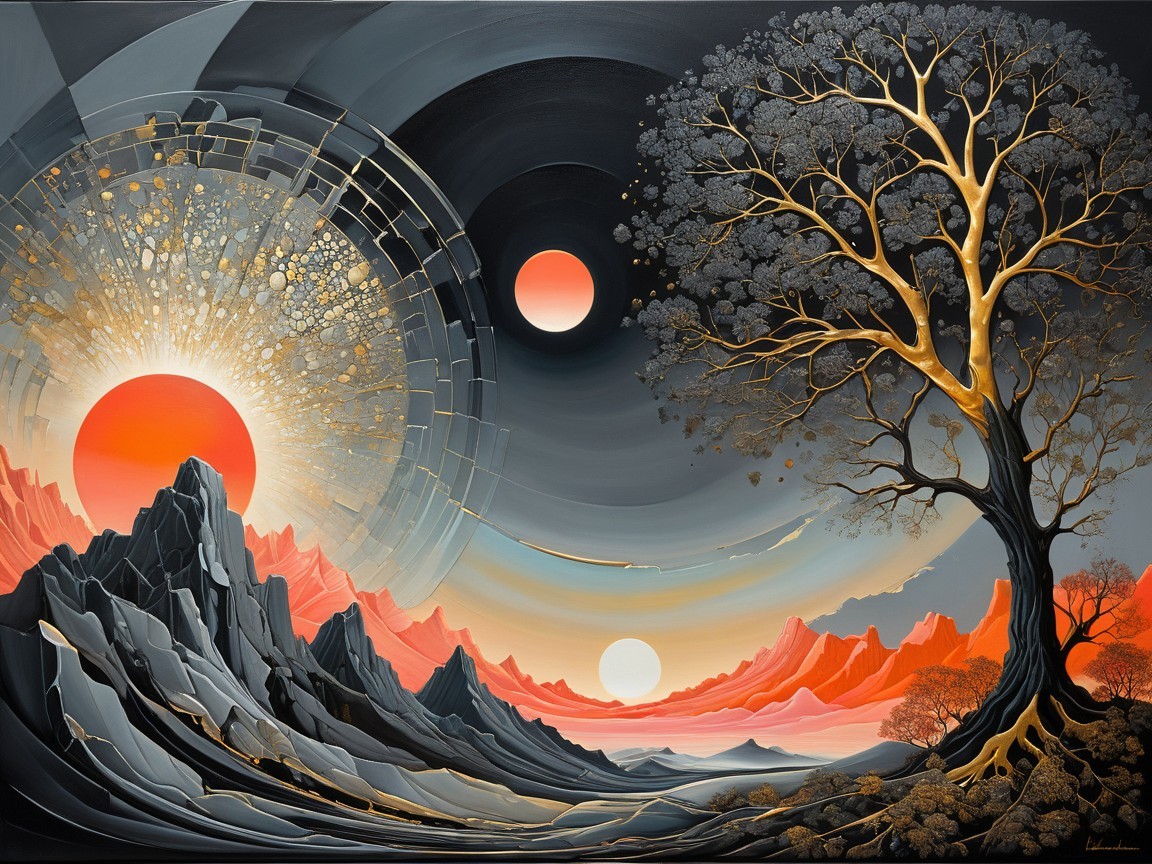 Surreal Landscape with Bold Mountains and Golden Tree