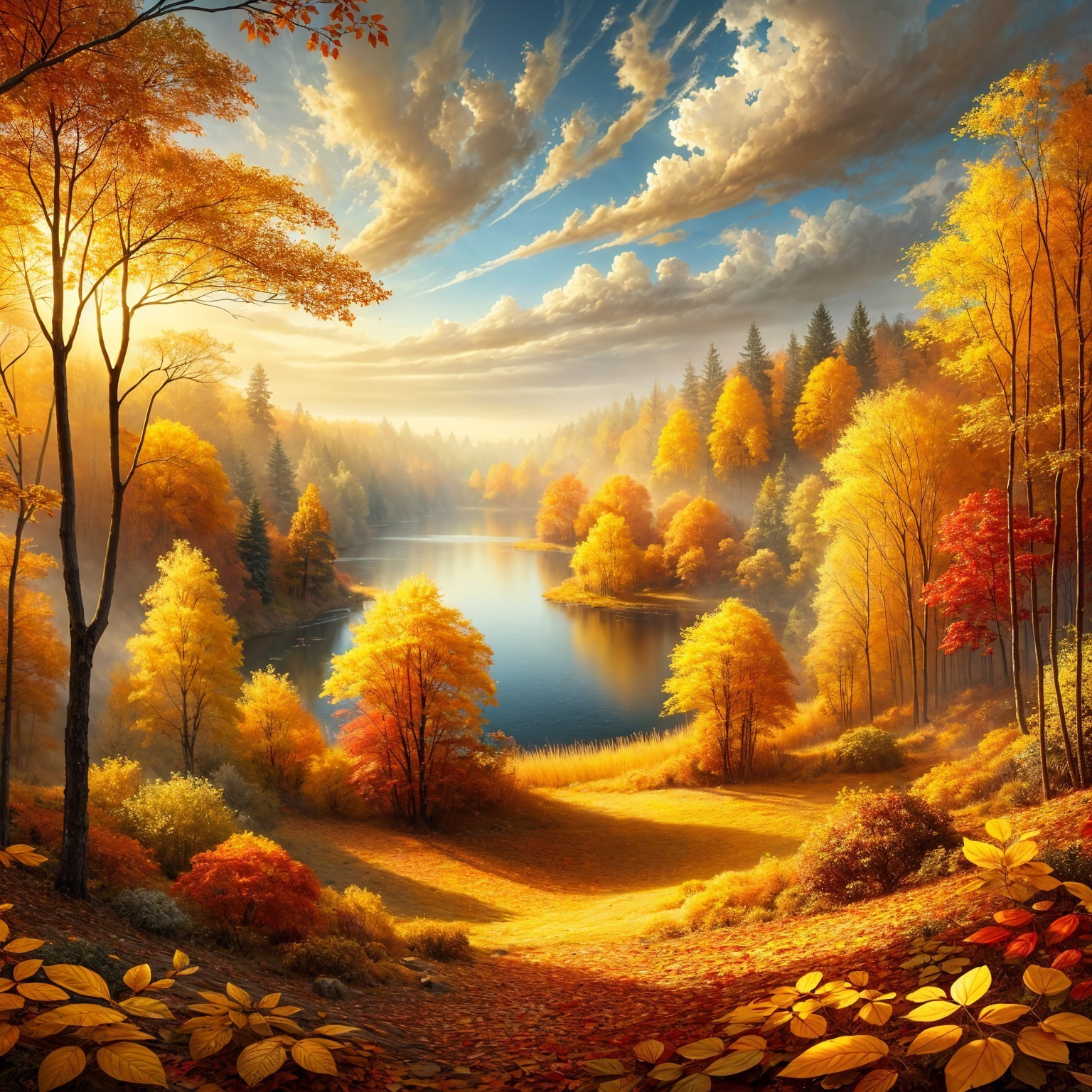 Autumn Landscape with Lake and Colorful Foliage