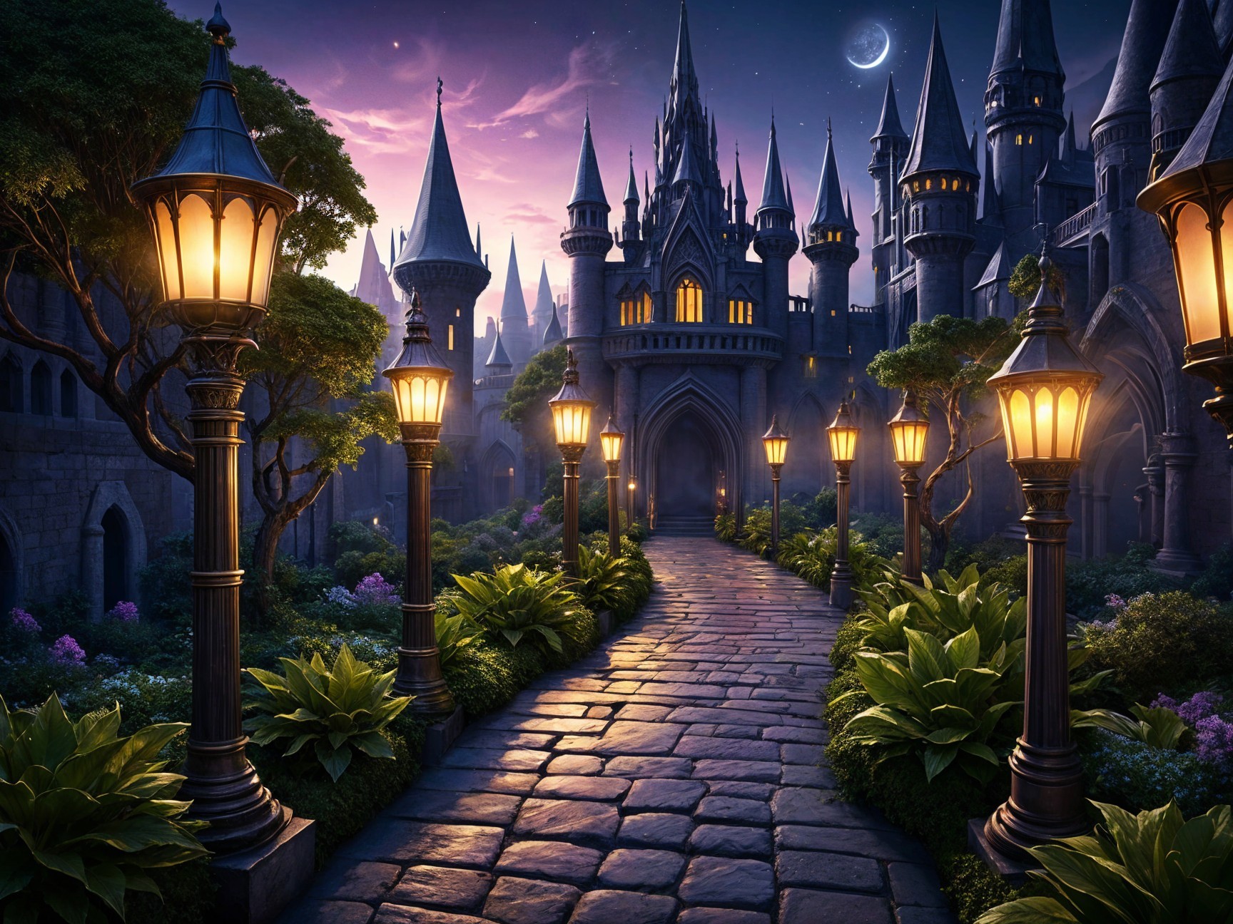 Magical castle under twilight sky with glowing lanterns