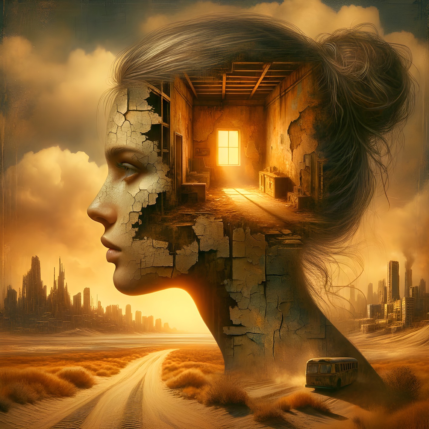 Decaying Beauty: A Surreal Portrait in a Dystopian World