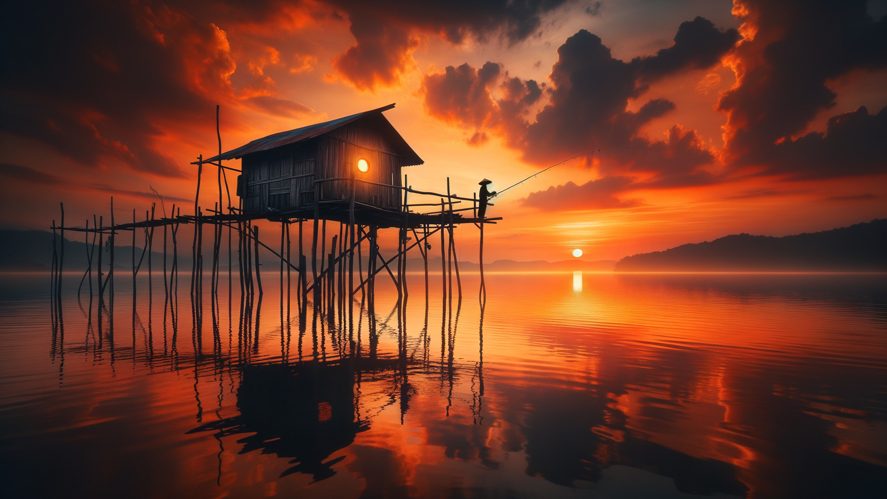 Solitary Fishing Hut at Sunset Over Calm Waters