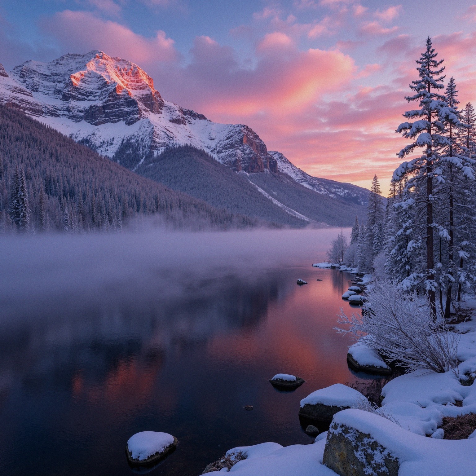 Winter Landscape with Misty Lake and Sunset Sky