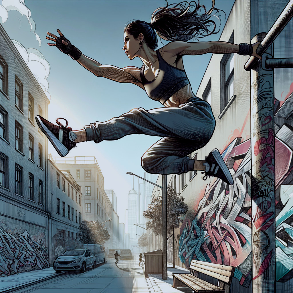 Woman Leaping Over Street Pole in Urban Environment