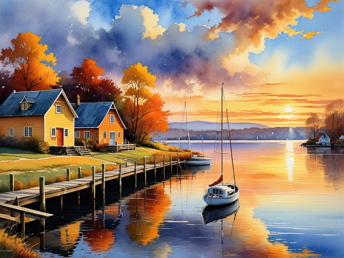 Autumn Scene with Cottages and Calm Lake Reflections