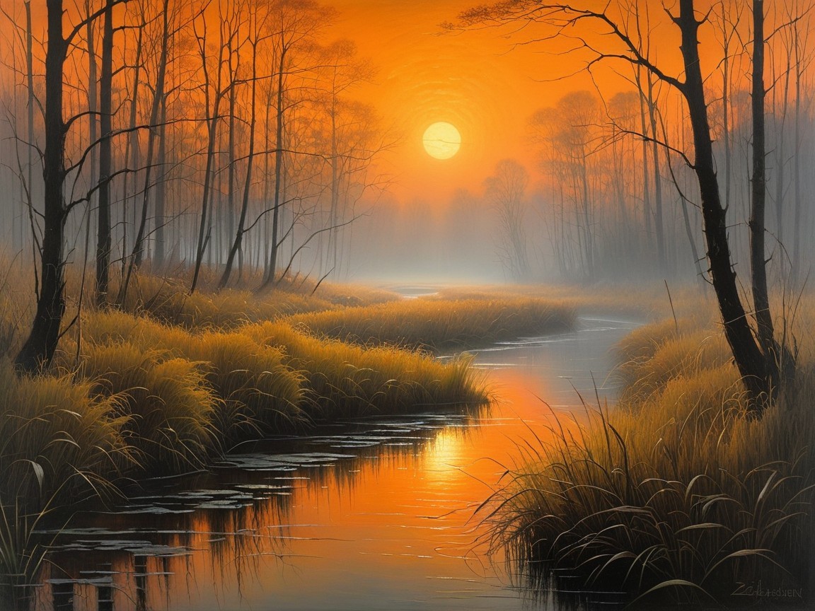 Serene Sunset Landscape with River and Mist
