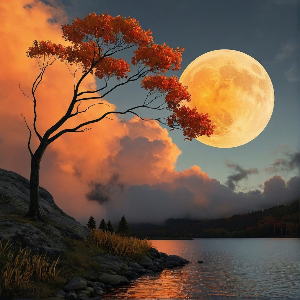 Serene Landscape with Autumn Tree by Tranquil Lake