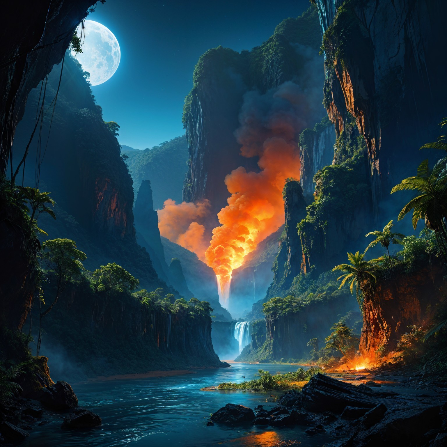 Dramatic Landscape of Cliffs, Waterfall, and Lava