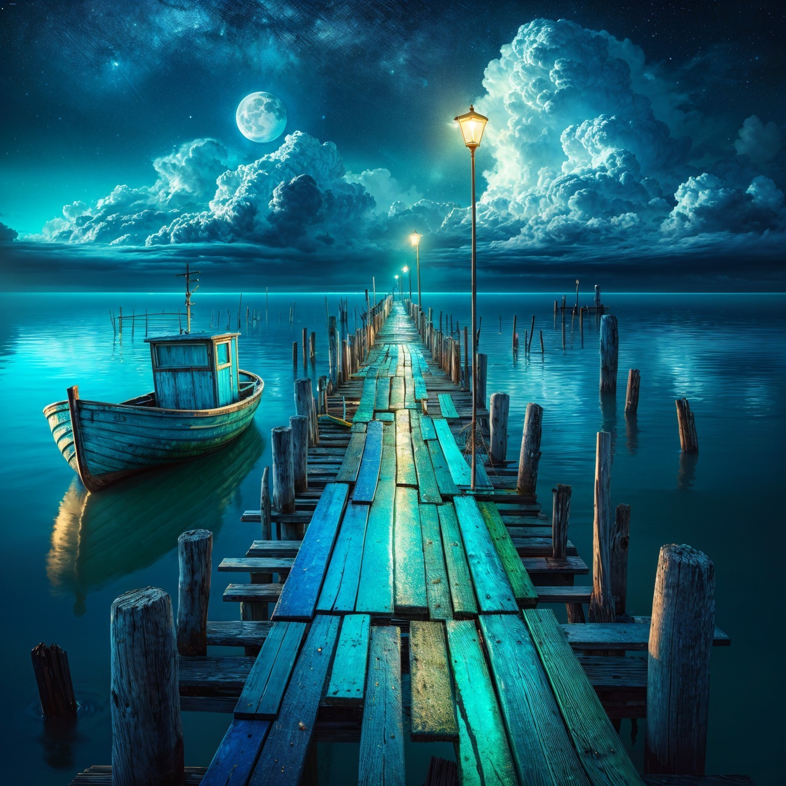 Tranquil Night Scene with Pier and Moonlit Waters
