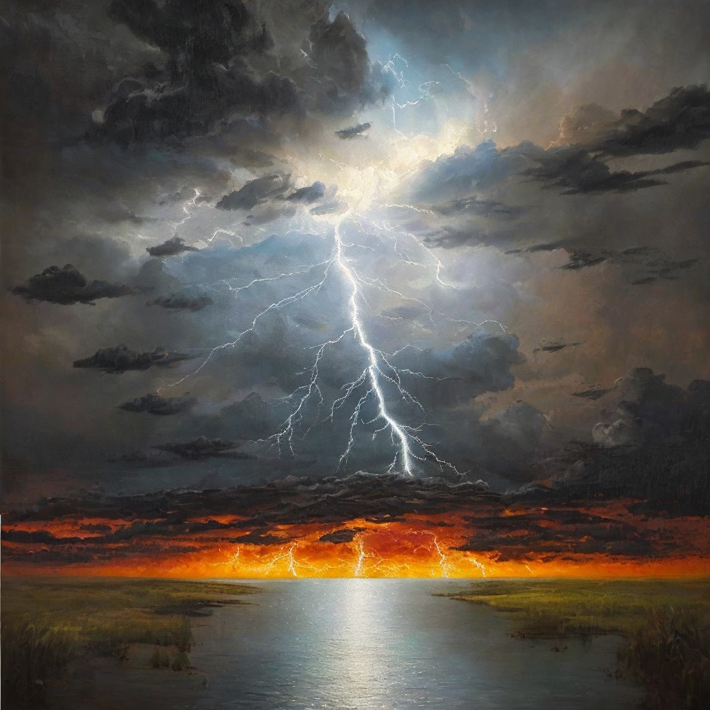 Dramatic Landscape with Turbulent Sky and Calm Water