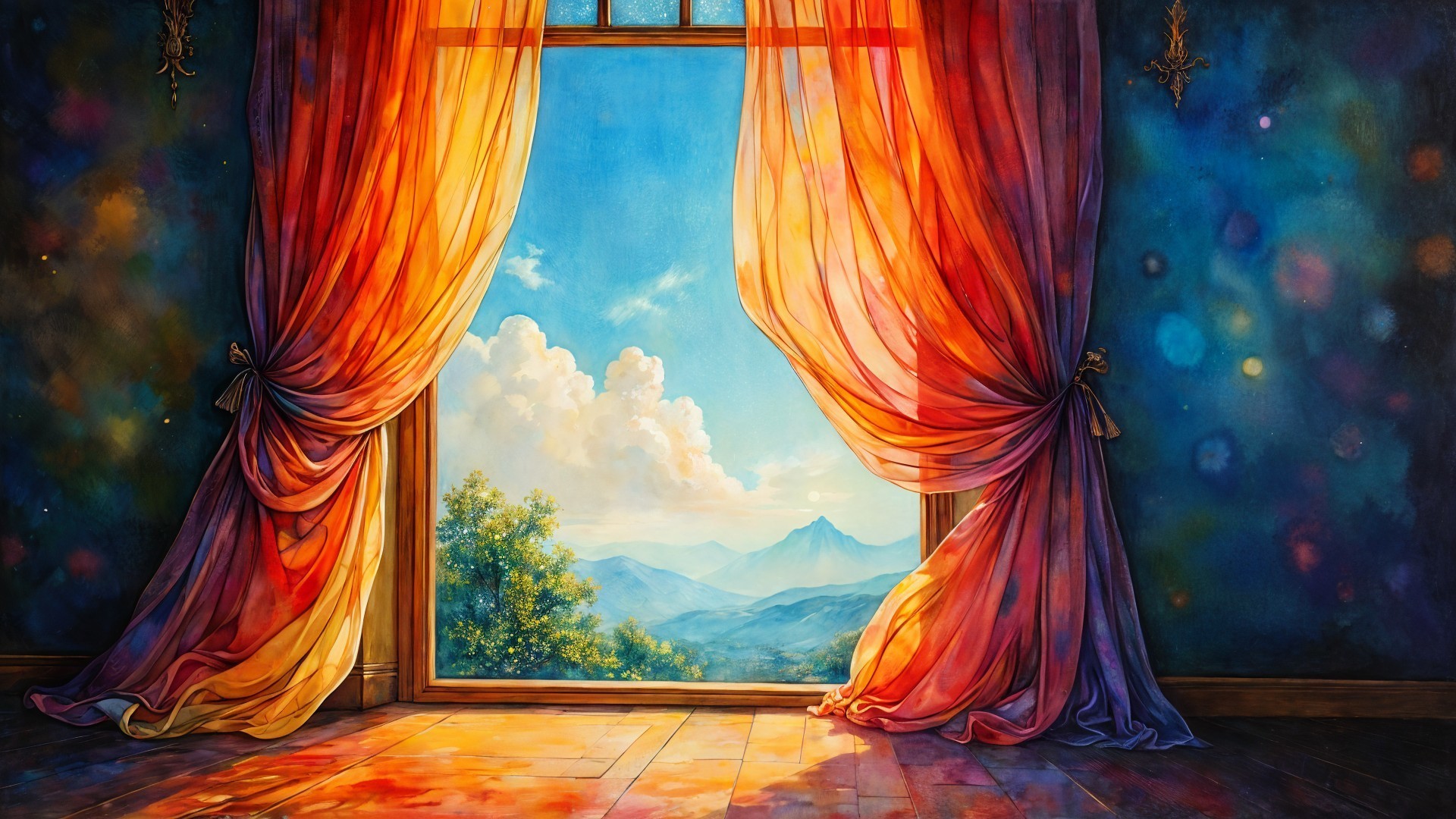 Colorful Window View of Rolling Hills and Mountains