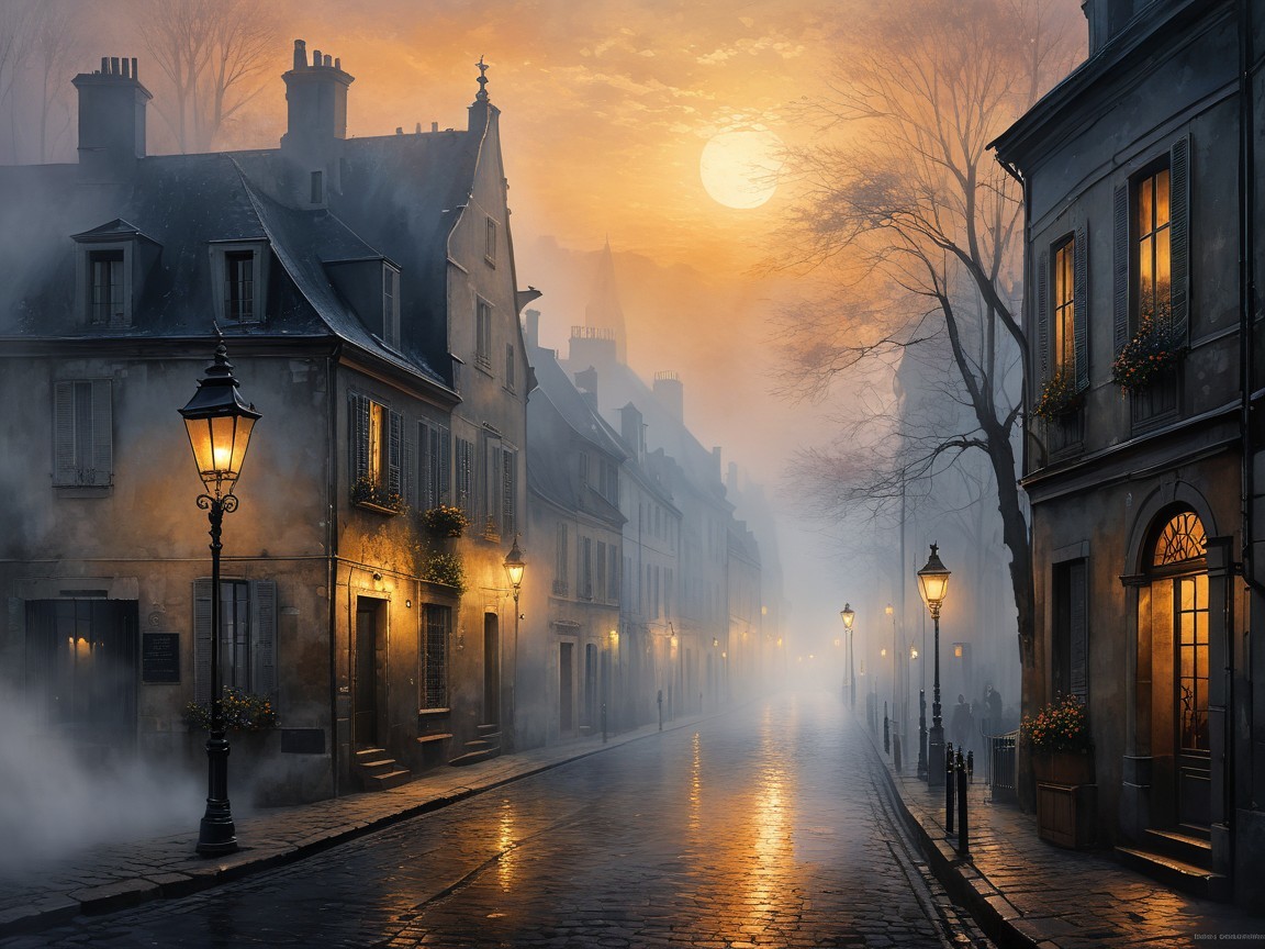 Foggy Dawn Street Scene with Vintage Architecture