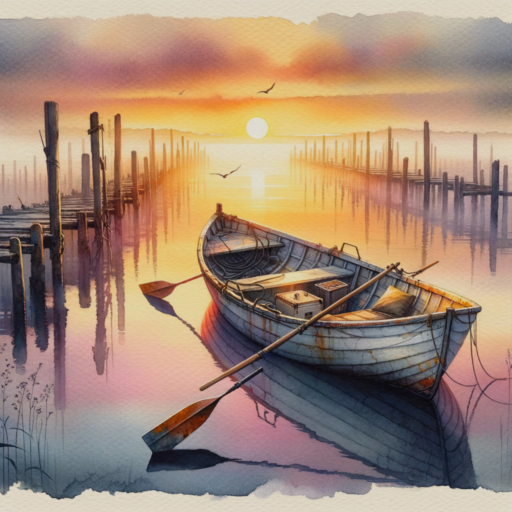 Watercolor Scene of a Boat at a Tranquil Dock