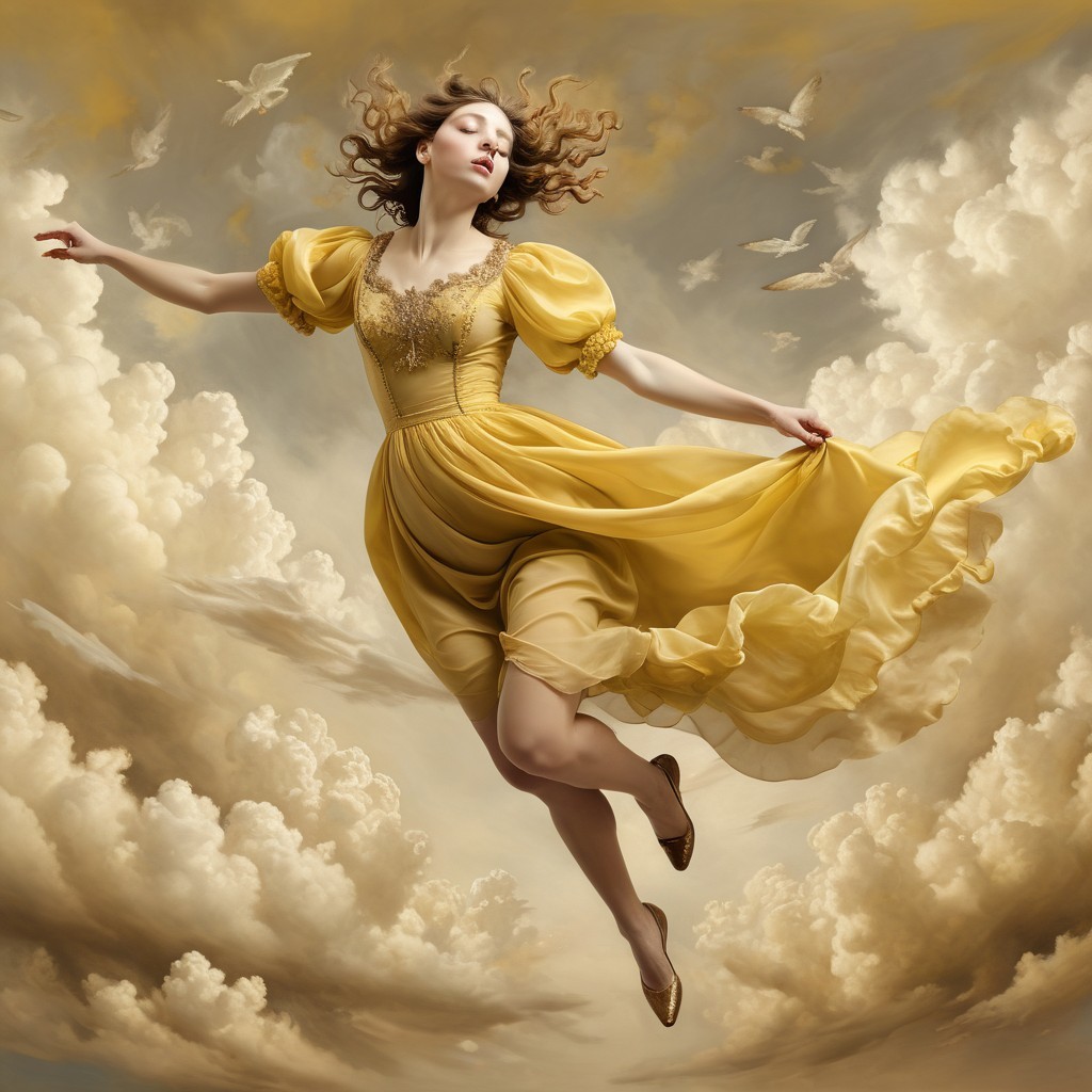 Woman in Yellow Dress Among Soft Swirling Clouds