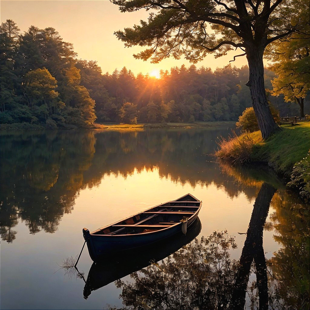 Serene Lakeside Sunset with Reflective Water Surface