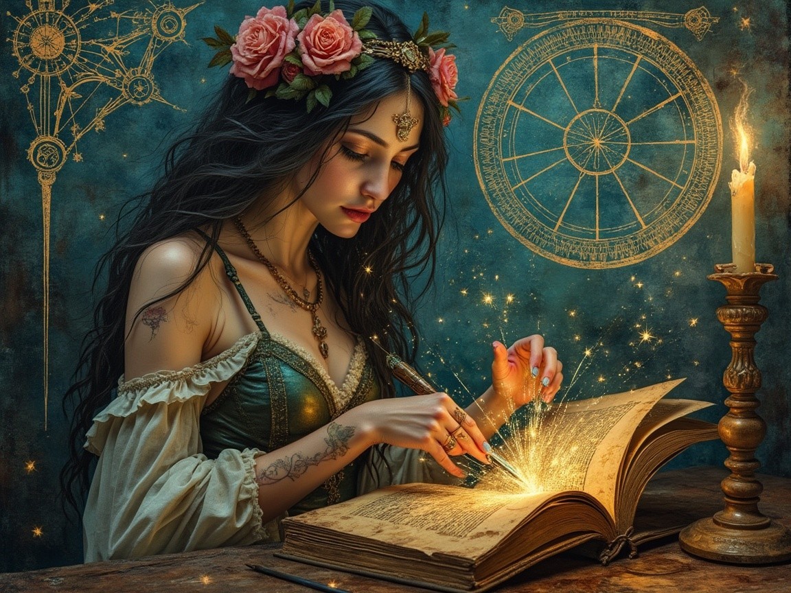 Mystical woman with roses and glowing symbols in book