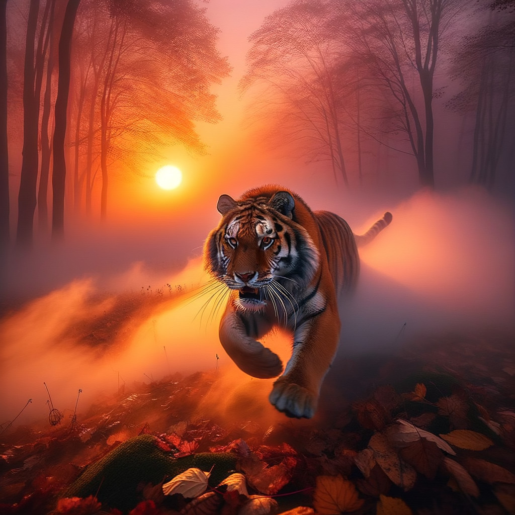 Majestic tiger in misty forest at sunset glow