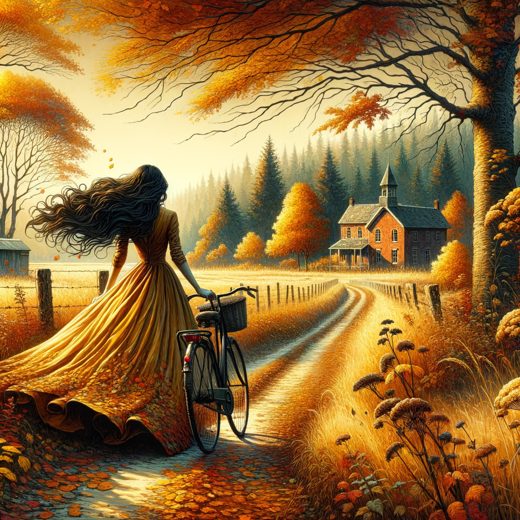 Woman in Golden Dress on Autumn Path with Bicycle