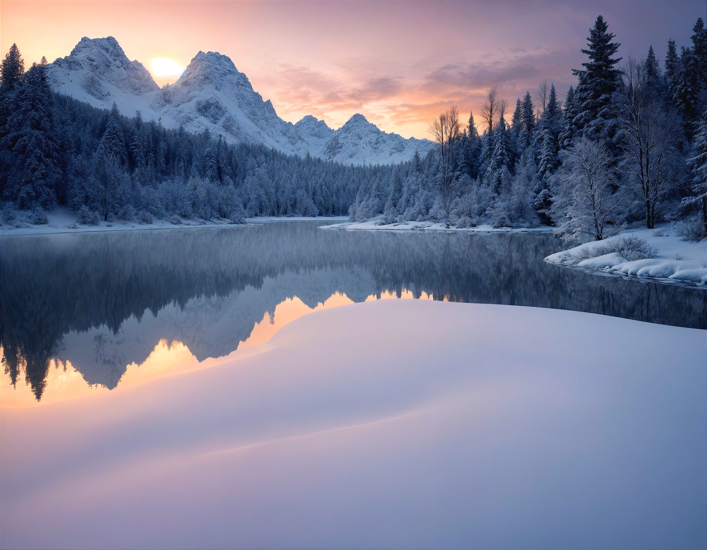 Tranquil Winter Landscape with Reflective Lake
